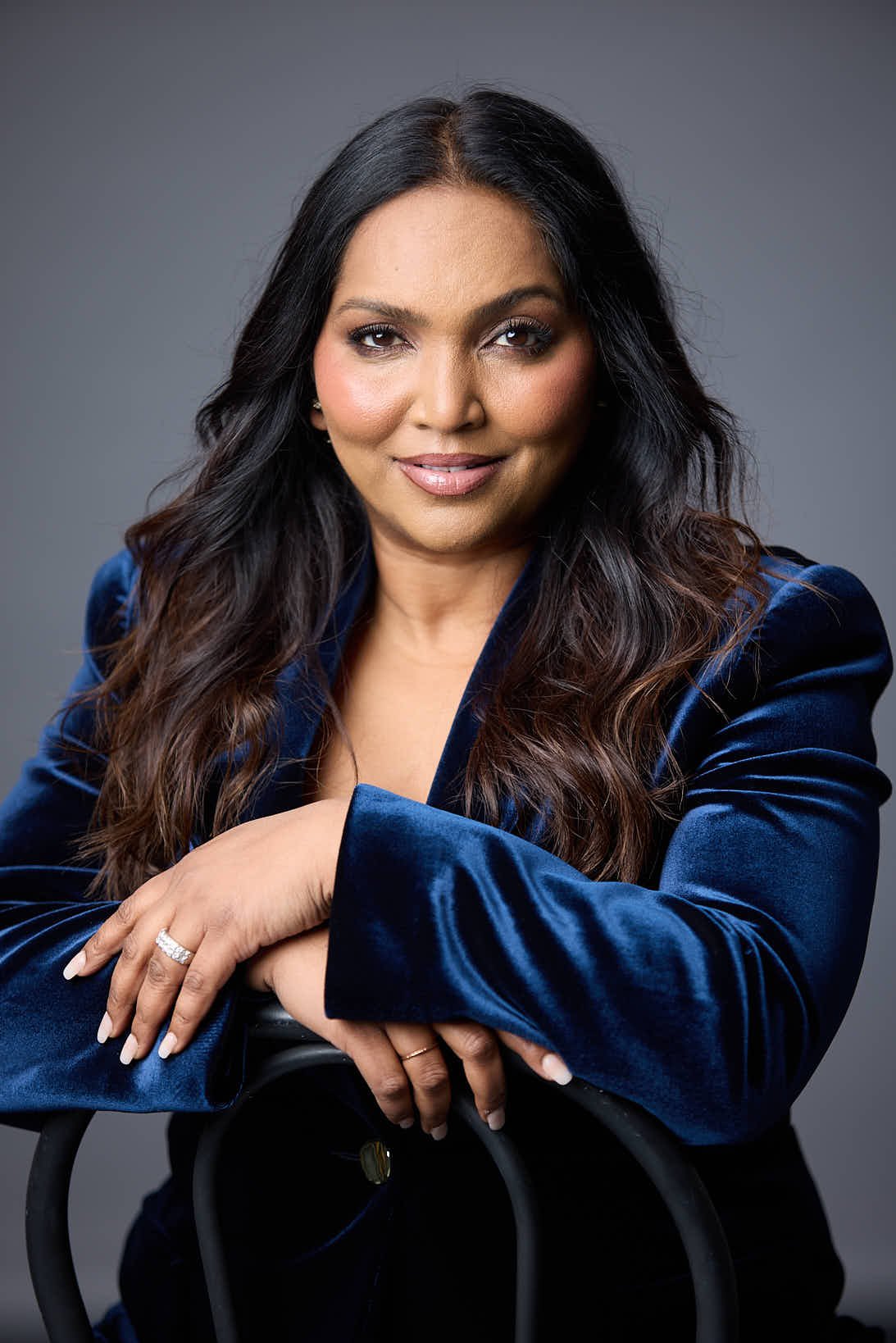 Norliza Pavlakos in a blue velvet blazer
